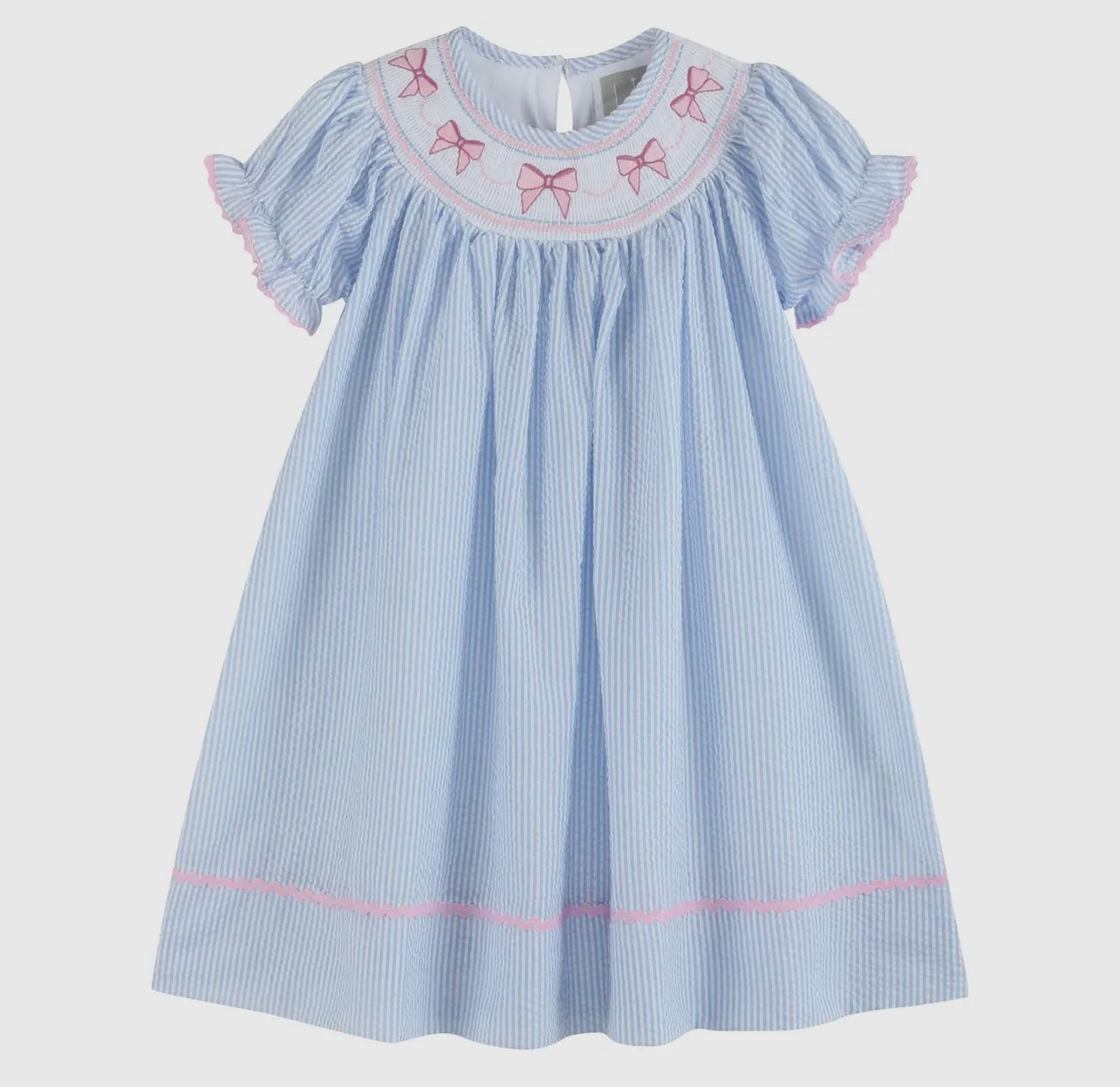 Blue Seersucker Bow Smocked Bishop Dress