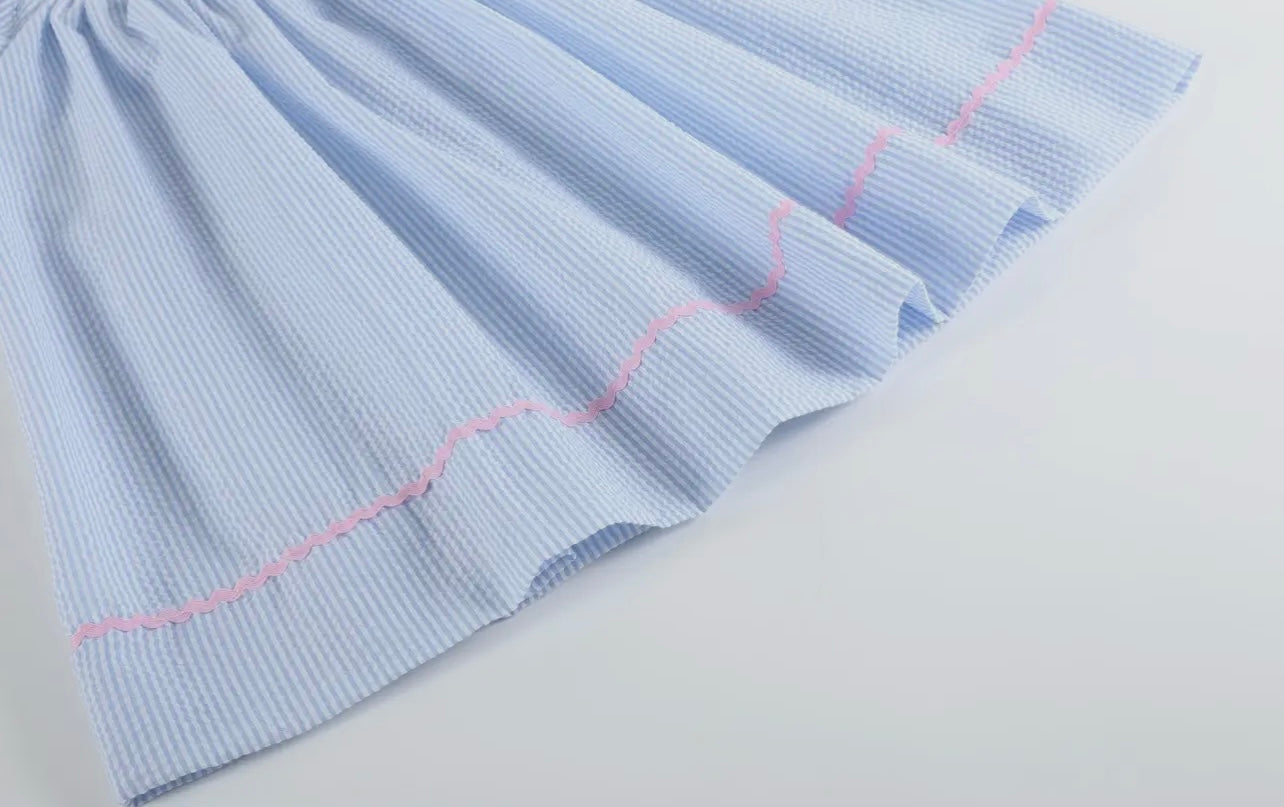 Blue Seersucker Bow Smocked Bishop Dress