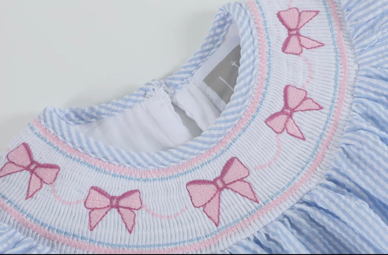 Blue Seersucker Bow Smocked Bishop Dress