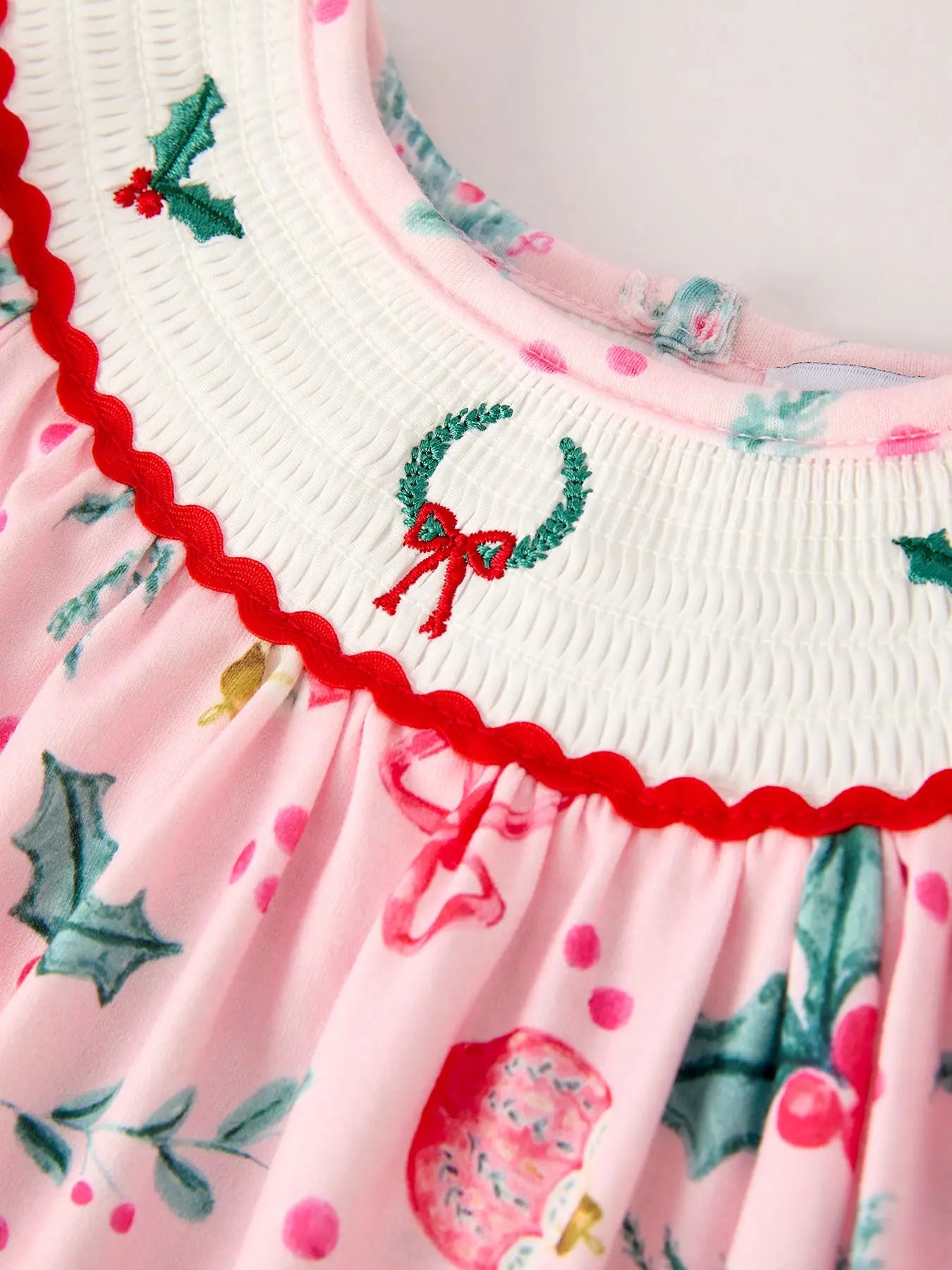 Colorful Christmas Embroidered Smock Romper