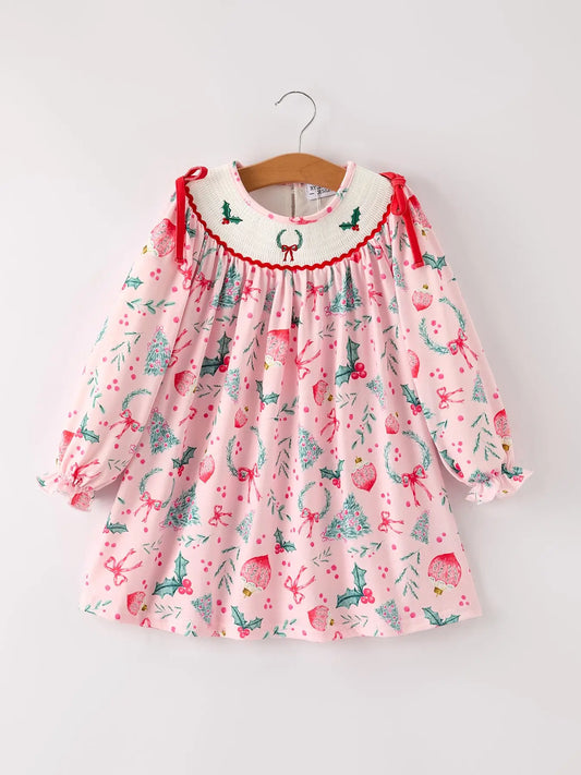 Colorful Christmas Embroidered Smock Dress