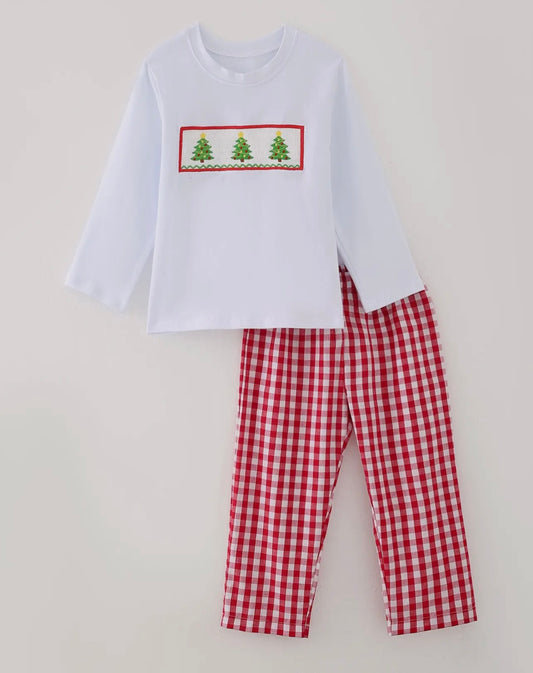 Christmas Tree Smocking Embroidered Pants Set
