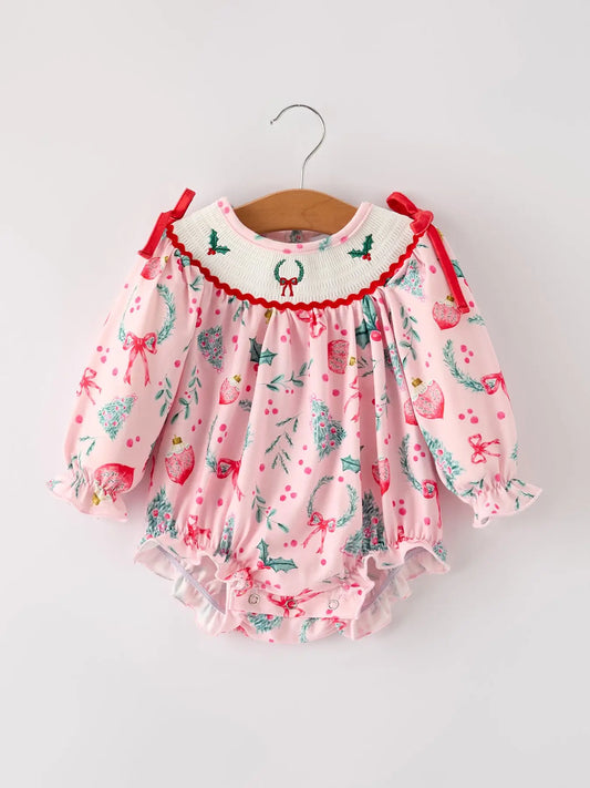 Colorful Christmas Embroidered Smock Romper